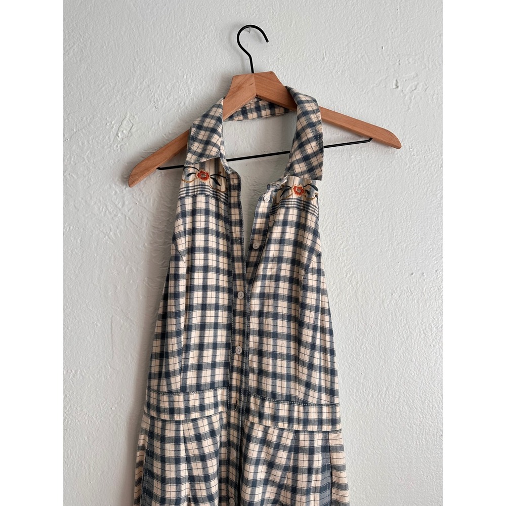 Anthropologie Picnic Wide Leg Jumpsuit Blue White Plaid Floral Embroidered 6 - Picture 3 of 6
